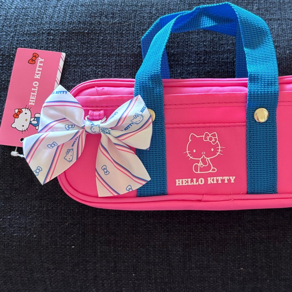 Hello Kitty Hot Pink Tote with Blue Handles and Striped Bow